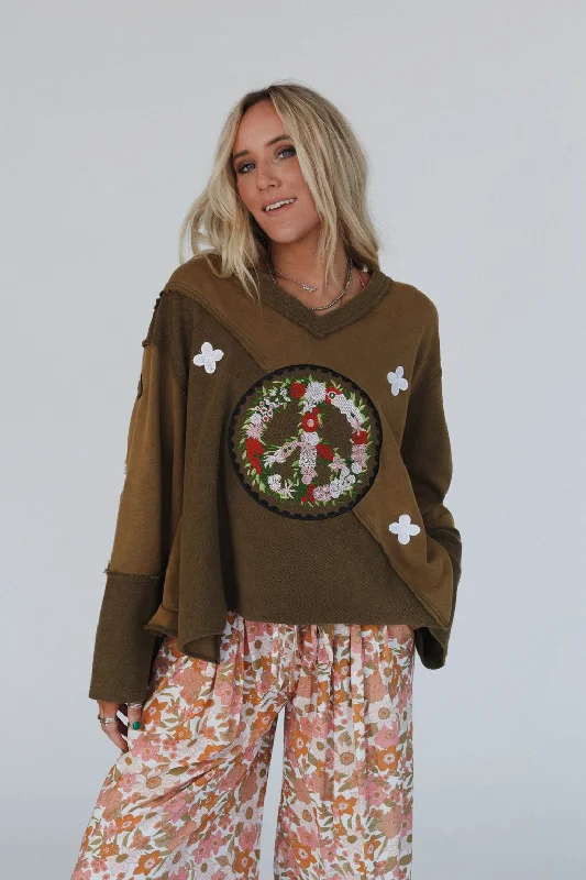 Peaceful Embrace Sweater - Olive Graphic Sweater Embroidered Appliqued