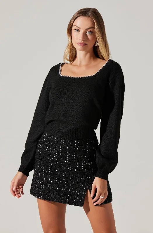 Pearl Lined Square Neck Sweater Terry Blend Velvet Blend Canvas Blend