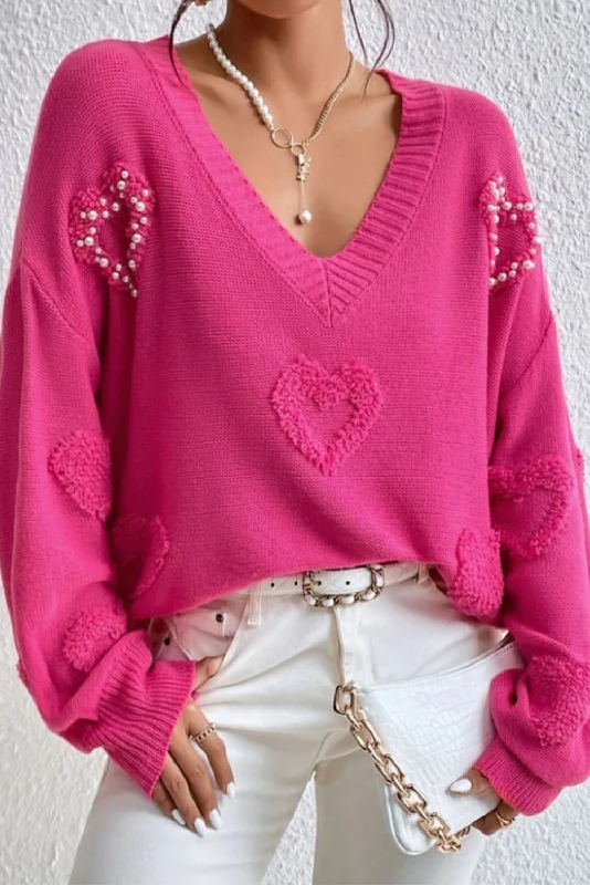 Pearl Trim Heart V-Neck Sweater Sweater Knitwear Pullover