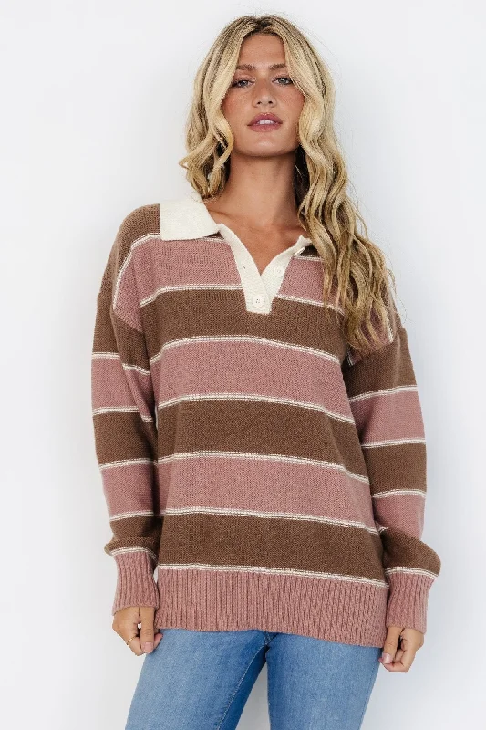 Priya Striped Sweater | Mauve + Mocha Boat Neck Shawl Collar Notched Collar