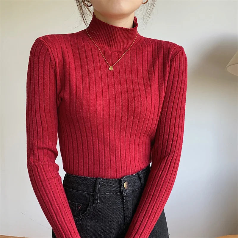 Red Casual Bottoming Spring Basic Stand Long Knitted Sweater Cotton Fabric Linen Fabric Terry Fabric