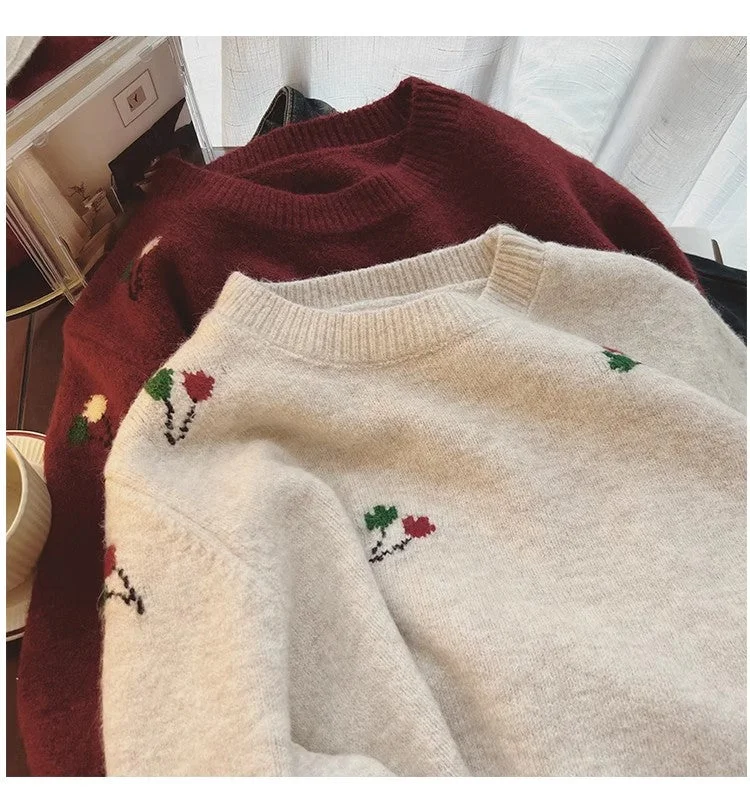 Retro embroidered flower round neck sweater for women long-sleeved sweater S4805 Ribbed Striped Patterned Retro embroidered flower round neck sweater for women long-sleeved sweater S4805 Ribbed Striped Patterned