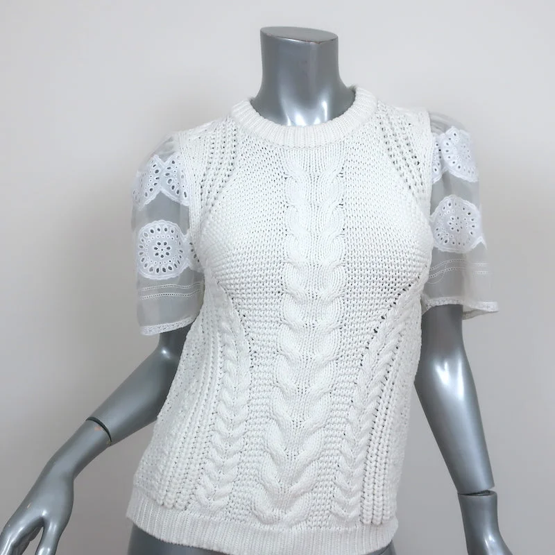 SEA Eyelet-Sleeve Sweater White Cable Knit Size Extra Small Short Sleeve Top Herringbone Houndstooth Plaid SEA Eyelet-Sleeve Sweater White Cable Knit Size Extra Small Short Sleeve Top Herringbone Houndstooth Plaid