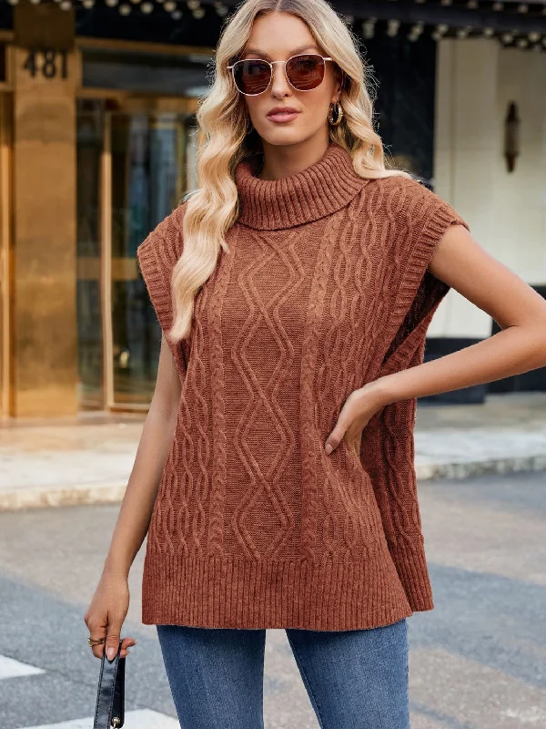 Side Slit Turtleneck Sweater Vest Layered Multi-layer Single Layer