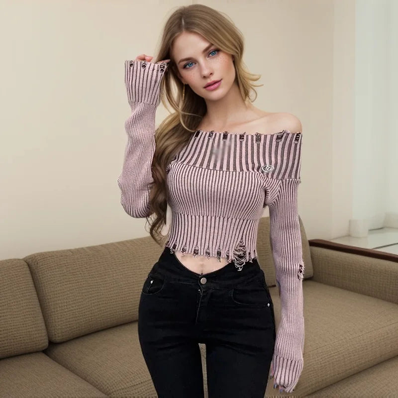 Spring Autumn Off Shoulder Solid Hole Slim Sexy Knitted Sweater Toggled Drawstring Belted