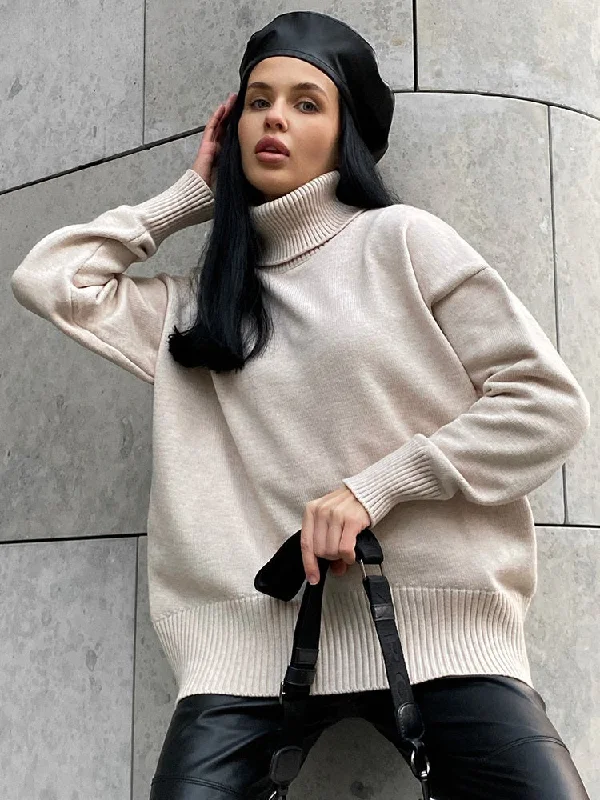 Thick Oversize Turtleneck Winter Warm White Knitted Oversized Sweater Satin Blend Silk Blend Wool Blend
