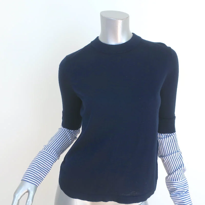 Veronica Beard Mixed-Media Sweater Roscoe Navy Wool & Striped Cotton Size Small Chenille Brocade Lace