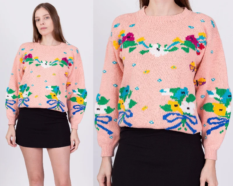 Vintage Cottagecore Pink Flower & Butterfly Sweater - Small Oversized Loose Flowy
