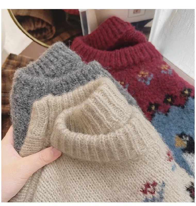 vintage style jacquard round neck sweater for women long-sleeved sweater trendy     S4802 Chenille Blend Fleece Blend Nylon Blend
