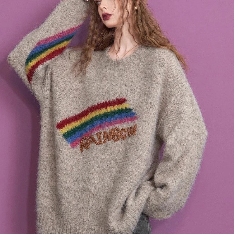 Winter Christmas Rainbow Khaki Warm Loose Pullover Sweater Elasticated Padded Insulated
