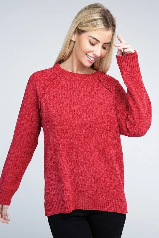 Zenana Raglan Chenille Sweater Houndstooth Herringbone Solid