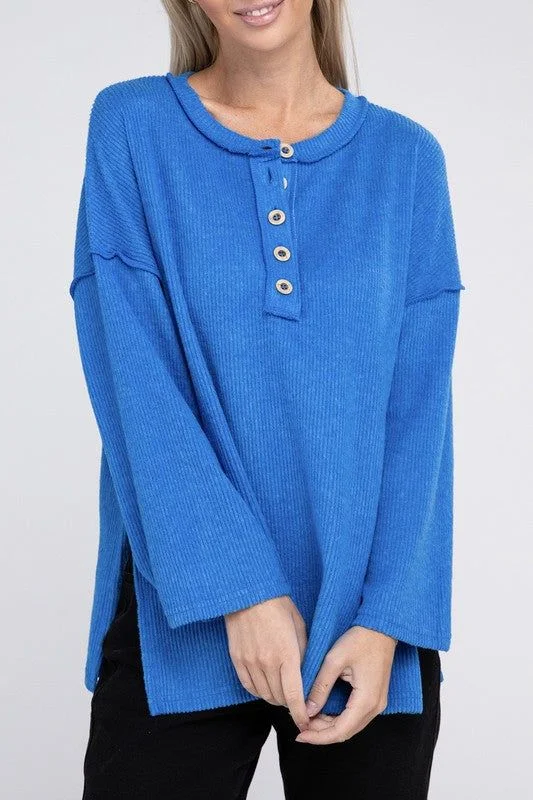 ZENANA Ribbed Brushed Melange Hacci Henley Sweater Long Sweater Short Sweater Cropped Sweater