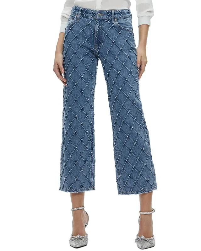 Alice + Olivia Weezy Quilt Cropped Mr Jean Fashionable Raw Hem Bootcut Jeans