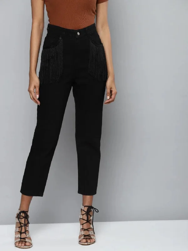 Black Denim Pocket Fringe Lace Mom Jeans Fashionable Straight Fit Denim