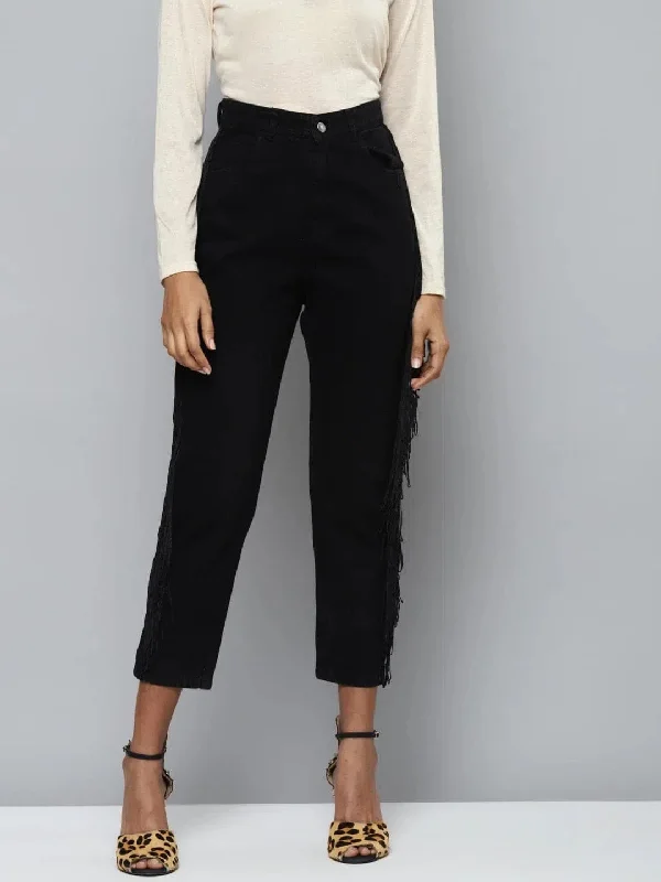 Black Denim Side Fringe Lace Detail Mom Jeans Trendy Wide-Leg High-Waist Denim