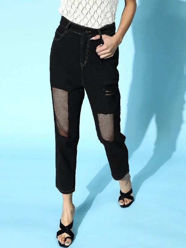 Black Mesh Net Cut Out Jeans Fashionable Relaxed Fit Denim