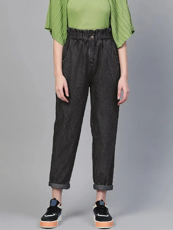 Black Paper Bag Waist Jeans Comfortable Mid-Rise Jeans
