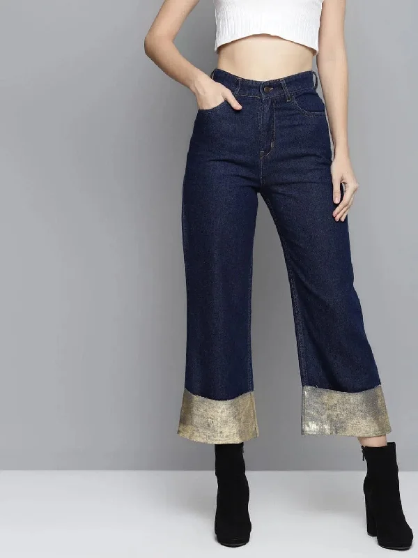 Blue Gold Foil Roll Up Detail Straight Jeans Casual Bootcut Ripped Jeans
