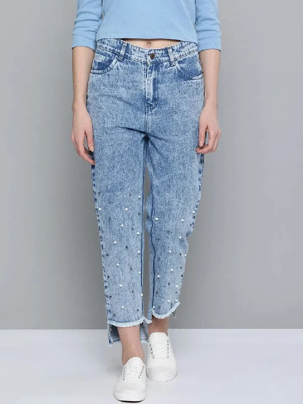 Blue High Low Pearl Detail Mom Jeans Casual Distressed Skinny Jeans