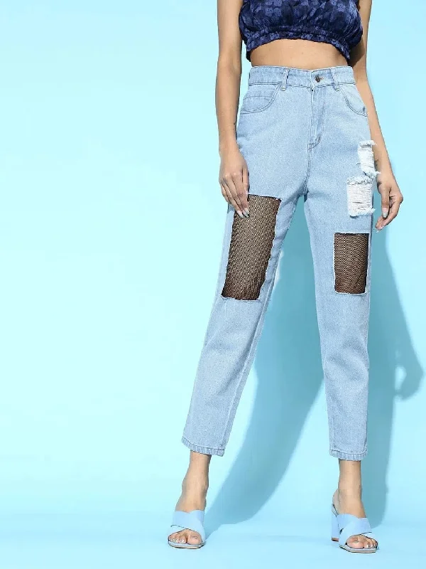 Blue Mesh Net Cut Out Jeans Stylish Bootcut Denim Jeans