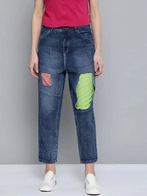 Blue Patch Insert Distressed Slouchy Jeans Cozy Relaxed Fit Jeans