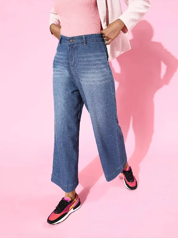 Blue Wide Leg Jeans Fashionable Raw Edge Jeans