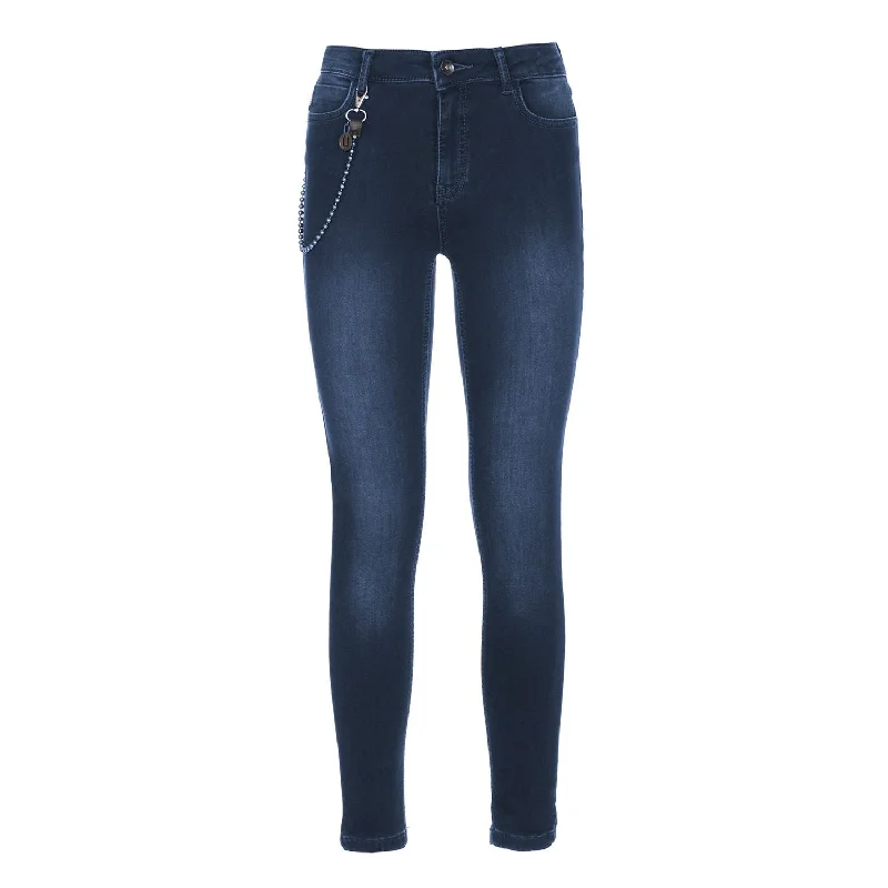 Imperfect Chic Lightly Washed Blue Slim-Fit Jeans with Chain Detail Trendy Skinny High-Waist Jeans