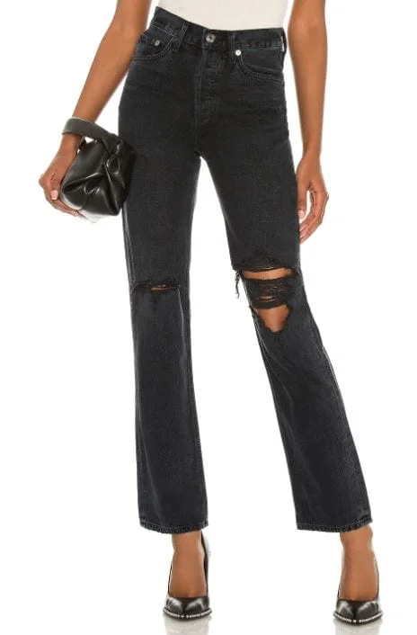 Faded Black High-Rise Distressed Lana Jeans Comfortable Drawstring Waist Jeans