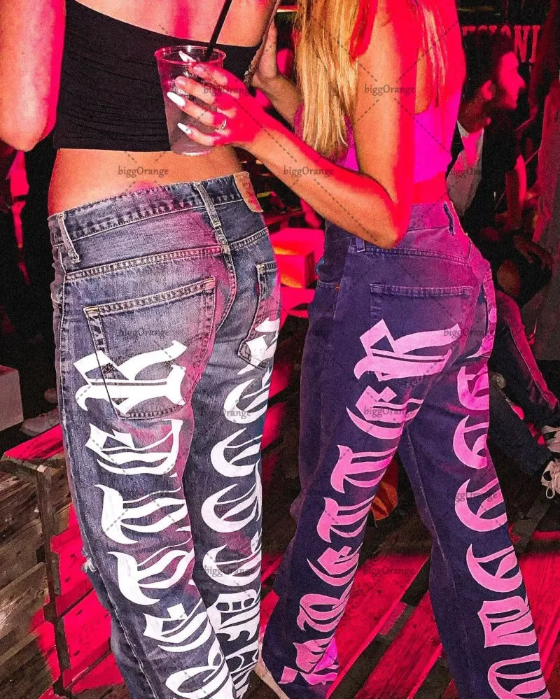 Fashion printed letters high waist jeans women's Y2K street hip-hop retro loose Chic Vintage-Inspired Denim Jeans Fashion printed letters high waist jeans women's Y2K street hip-hop retro loose Chic Vintage-Inspired Denim Jeans