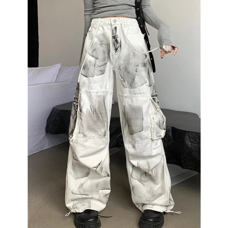 High Waist Women Tie Dyeing Jeans Hip-hop Style Vintage Streetwear Y2K Wide Leg Jean Elegant Raw Hem Jeans High Waist Women Tie Dyeing Jeans Hip-hop Style Vintage Streetwear Y2K Wide Leg Jean Elegant Raw Hem Jeans