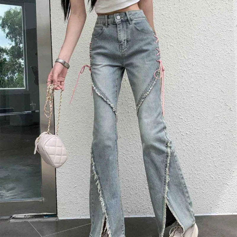 Jeans Women Harajuku Pink Bandage High Waist Denim Pants Casual Streetwear Chic Faded Blue Jeans Jeans Women Harajuku Pink Bandage High Waist Denim Pants Casual Streetwear Chic Faded Blue Jeans
