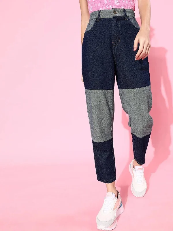 Navy High Waist Cut-Sew Carrot Jeans Comfortable Ankle Jeans