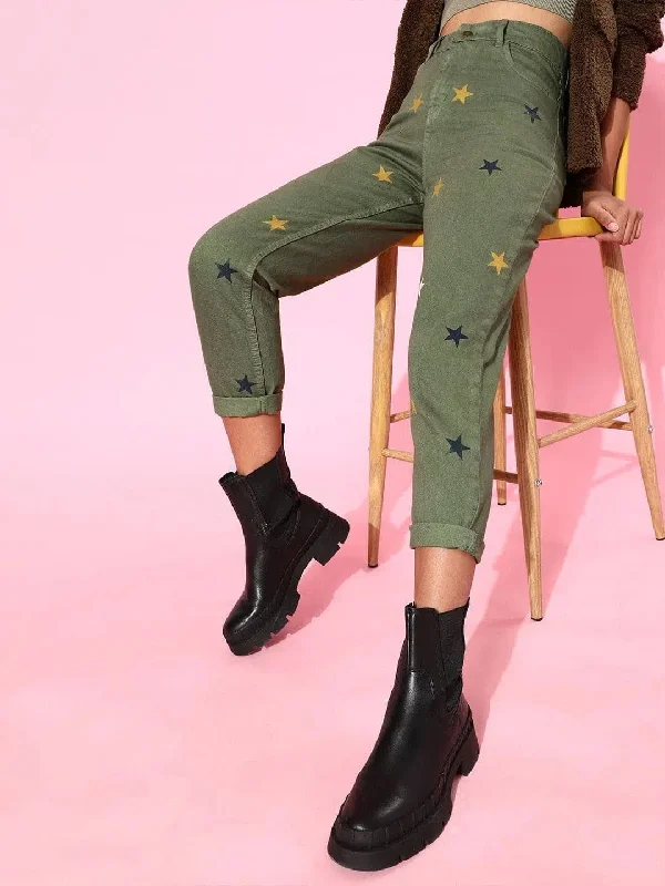 Olive With Multi Stars Mom Fit Jeans Cozy Tencel Blend Denim Jeans