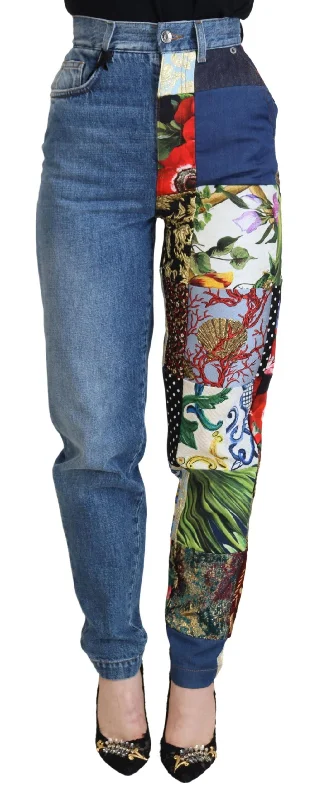 Dolce & Gabbana Patchwork Jacquard Blue Denim Luxury Jeans Chic Cropped Jeans
