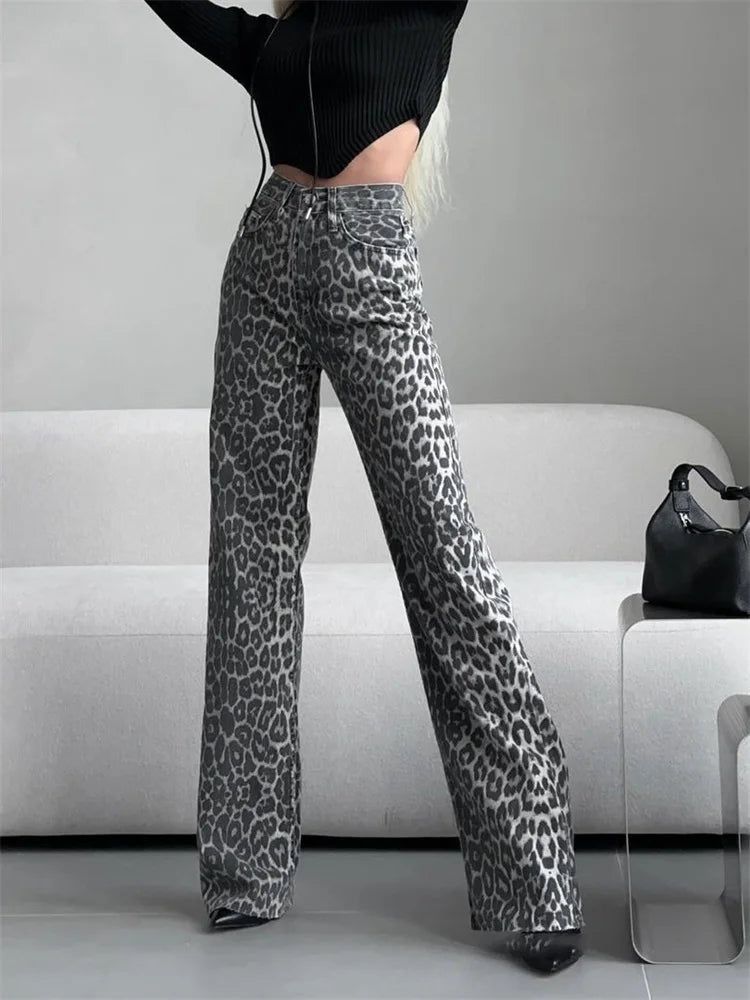 Retro Leopard Print Jeans for Women Elegant Ladies Gray Denim Pants Wide Leg Hip Hop Chic Vintage-Inspired Denim Jeans Retro Leopard Print Jeans for Women Elegant Ladies Gray Denim Pants Wide Leg Hip Hop Chic Vintage-Inspired Denim Jeans