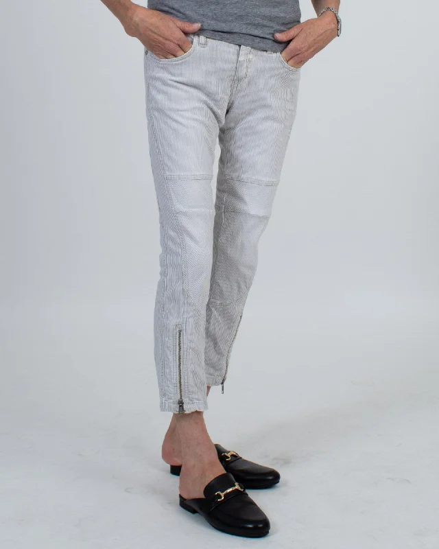 Striped Jeans With Zipper Detail Chic Double Waistband Jeans