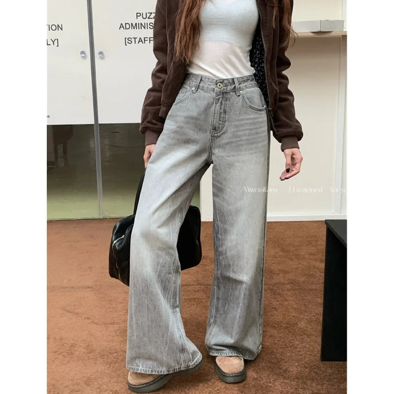 Summer Grey Womens Jeans High Waist Baggy Casual Vintage Y2K Trend Straight Cargo Comfortable Mid-Rise Jeans