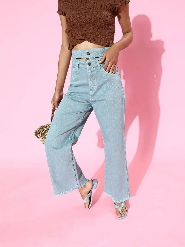 Teal Blue Double Waistband Wide Leg Jeans Stylish Stone-Wash Denim Jeans