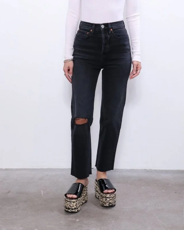 "Ultra High Rise Stove Pipe" Jeans Comfortable Folded Hem Jeans