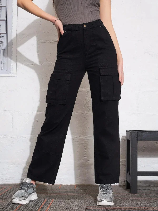 Women Black Box Pocket Cargo Jeans Cozy Relaxed Fit Jeans