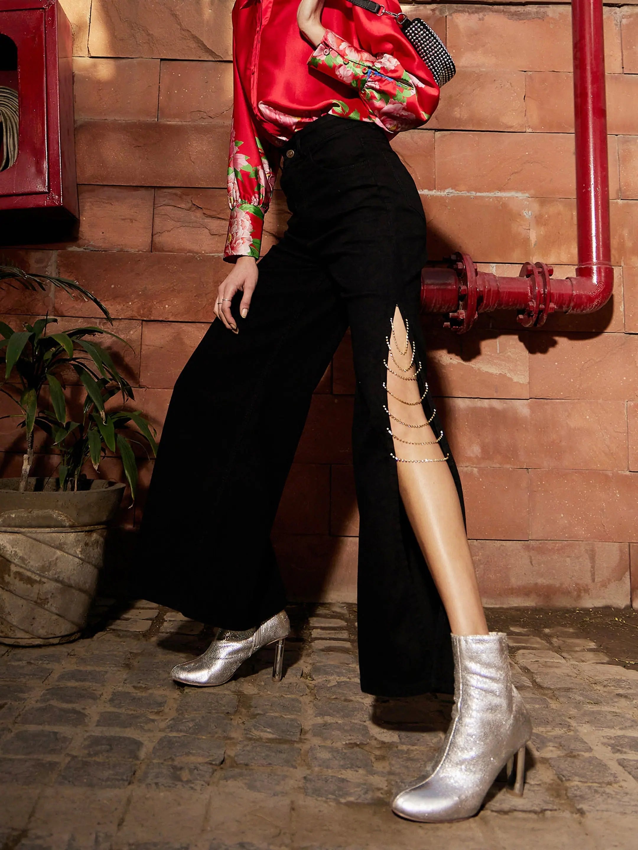 Women Black Diamante Side Slit Straight Jeans Fashionable Button-Front Jeans