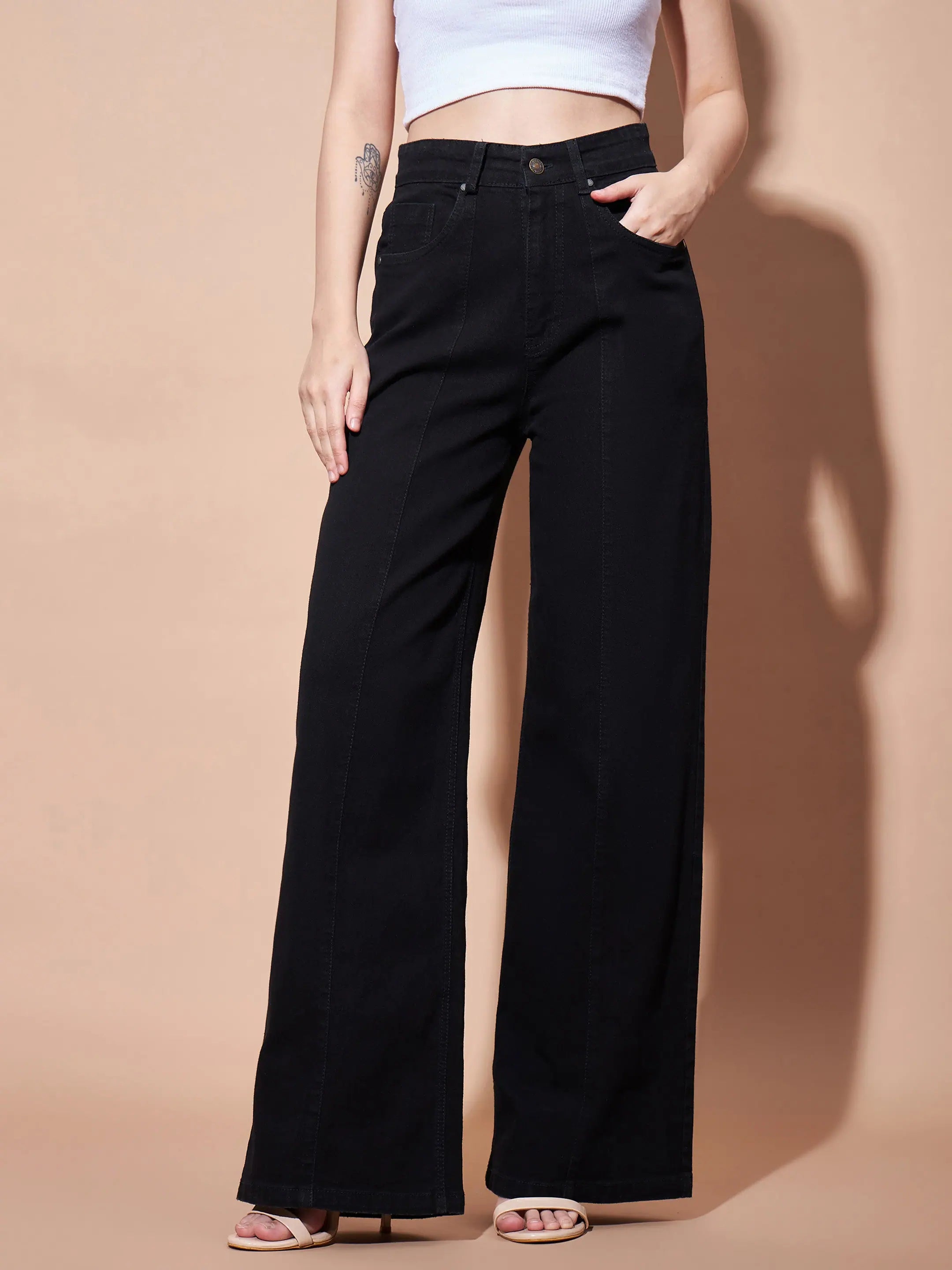 Women Black High Waist Seam Detail Straight Jeans Trendy Pleated Waist Jeans