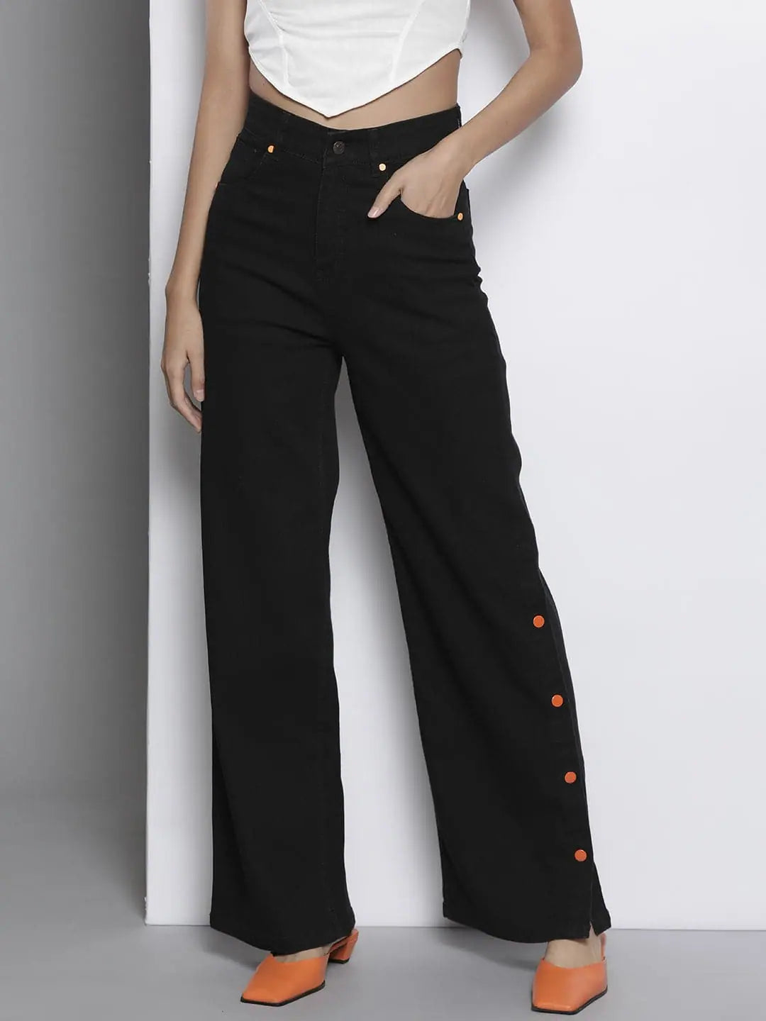 Women Black Side Button Placket Stretch Straight Jeans Trendy Paperbag Waist Jeans