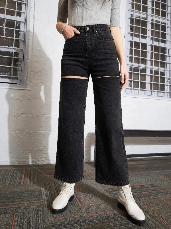 Women Black Washed Thigh Cut Out Straight Jeans Trendy Button-Up High-Waist Jeans