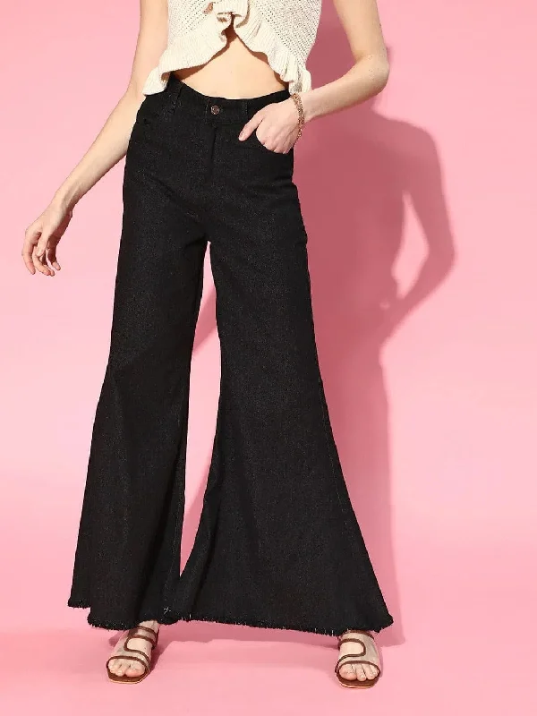 Women Black Wide Leg Flared Jeans Fashionable White Denim Jeans