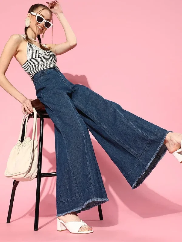 Women Blue Front Pleat Flared Leg Jeans Classic Black Denim Jeans