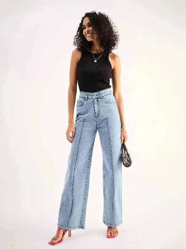 Women Blue High Waist Front Dart Straight Jeans Comfortable Drawstring Waist Jeans