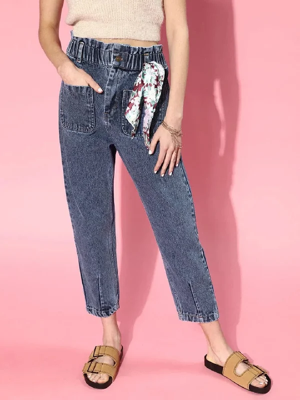 Women Blue PaperBag Waist Jeans Stylish High-Waist Skinny Denim