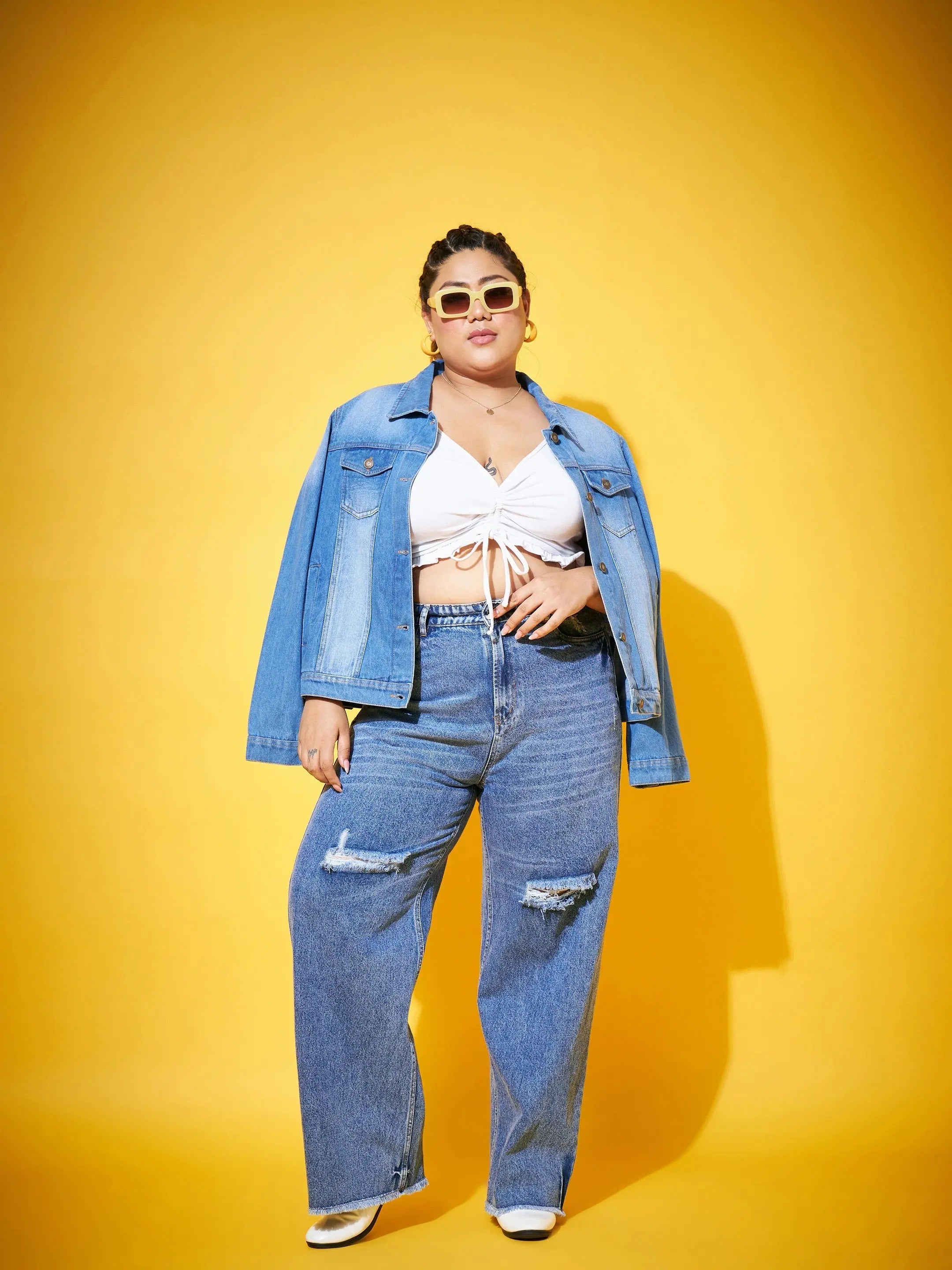 Women Blue Wash Distressed Slit Straight Jeans Comfortable Flare Leg Jeans