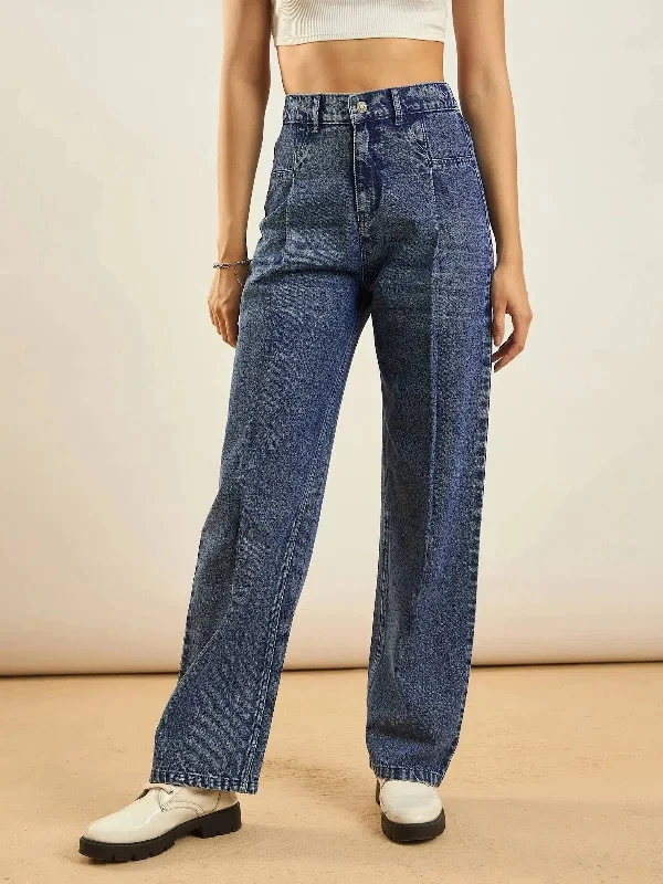 Women Blue Washed Front Darted Straight Fit Jeans Fashionable Straight Fit Denim